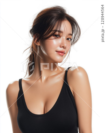 ツヤ肌と美しい表情が映える女性の美容ポートレート ツヤ肌と美しい表情が映える女性の美容ポートレート 128944564