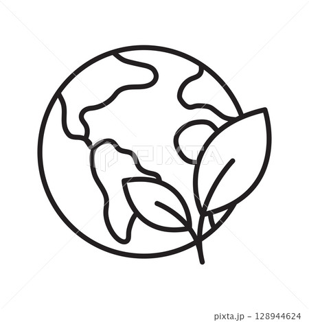 Earth with Leaf Outline Icon. Outline vector illustration 128944624