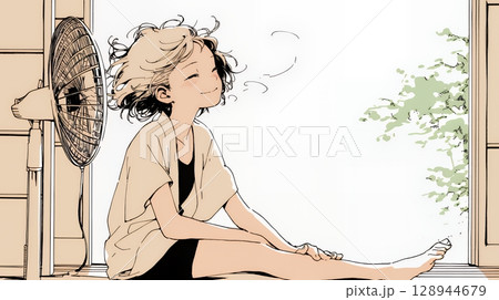 暑い夏の昼下がり、扇風機にあたって涼んでいる若い女性（シンプルな色使い）