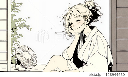 暑い夏の昼下がり、扇風機にあたって涼んでいる若い女性（シンプルな色使い）