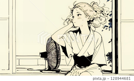暑い夏の昼下がり、扇風機にあたって涼んでいる若い女性（シンプルな色使い）