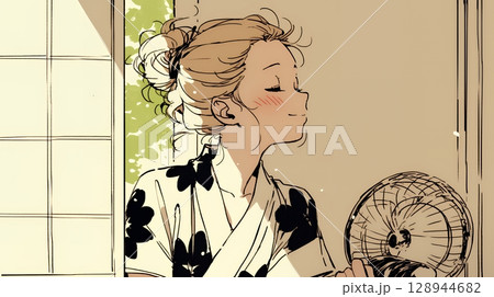 暑い夏の昼下がり、扇風機にあたって涼んでいる若い女性（シンプルな色使い）