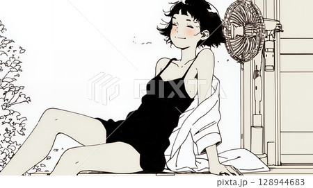 暑い夏の昼下がり、扇風機にあたって涼んでいる若い女性（シンプルな色使い）