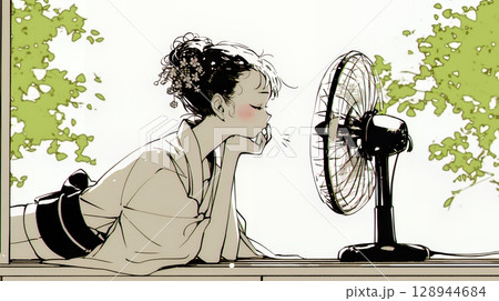 暑い夏の昼下がり、扇風機にあたって涼んでいる若い女性（シンプルな色使い）