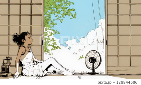 暑い夏の昼下がり、扇風機にあたって涼んでいる若い女性（シンプルな色使い）