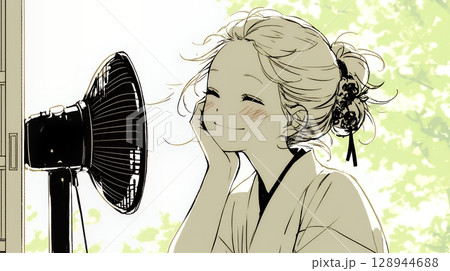 暑い夏の昼下がり、扇風機にあたって涼んでいる若い女性（シンプルな色使い）
