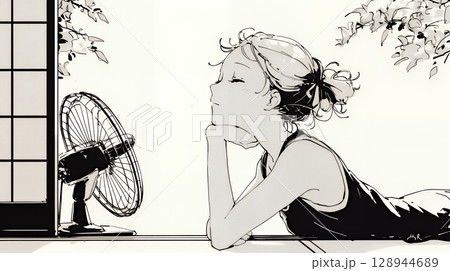 暑い夏の昼下がり、扇風機にあたって涼んでいる若い女性（シンプルな色使い）
