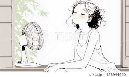 暑い夏の昼下がり、扇風機にあたって涼んでいる若い女性（シンプルな色使い）