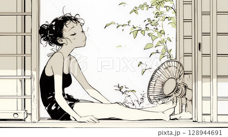 暑い夏の昼下がり、扇風機にあたって涼んでいる若い女性（シンプルな色使い）