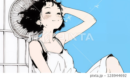 暑い夏の昼下がり、扇風機にあたって涼んでいる若い女性（シンプルな色使い）