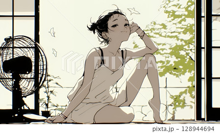 暑い夏の昼下がり、扇風機にあたって涼んでいる若い女性（シンプルな色使い）