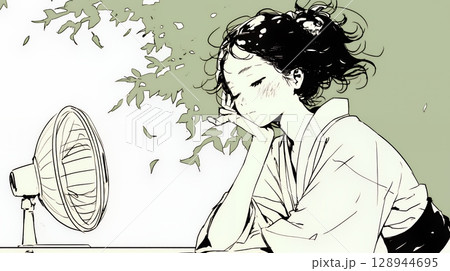 暑い夏の昼下がり、扇風機にあたって涼んでいる若い女性（シンプルな色使い）