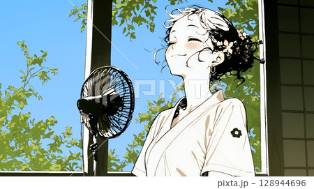 暑い夏の昼下がり、扇風機にあたって涼んでいる若い女性（シンプルな色使い）