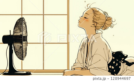 暑い夏の昼下がり、扇風機にあたって涼んでいる若い女性（シンプルな色使い）