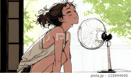 暑い夏の昼下がり、扇風機にあたって涼んでいる若い女性（シンプルな色使い）