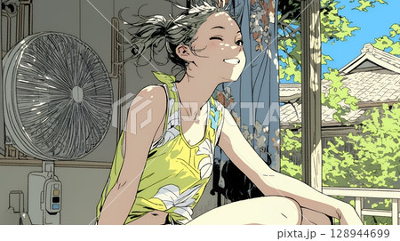 暑い夏の昼下がり、扇風機にあたって涼んでいる若い女性