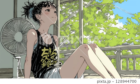 暑い夏の昼下がり、扇風機にあたって涼んでいる若い女性
