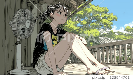 暑い夏の昼下がり、扇風機にあたって涼んでいる若い女性