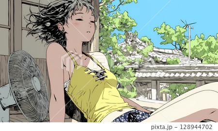 暑い夏の昼下がり、扇風機にあたって涼んでいる若い女性