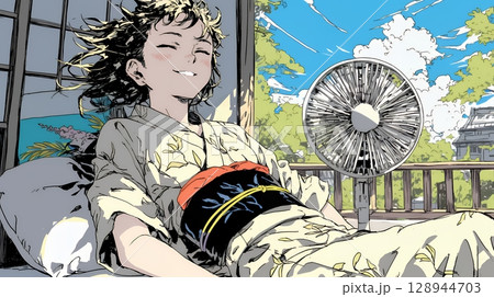 暑い夏の昼下がり、扇風機にあたって涼んでいる若い女性