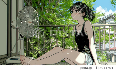 暑い夏の昼下がり、扇風機にあたって涼んでいる若い女性
