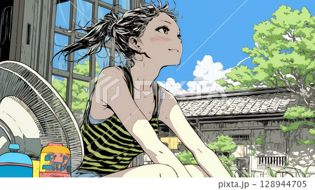 暑い夏の昼下がり、扇風機にあたって涼んでいる若い女性