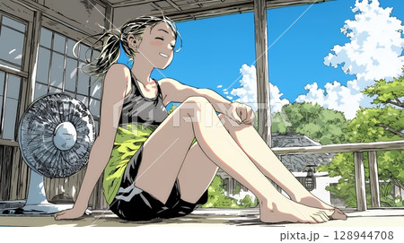 暑い夏の昼下がり、扇風機にあたって涼んでいる若い女性