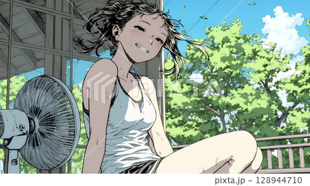 暑い夏の昼下がり、扇風機にあたって涼んでいる若い女性
