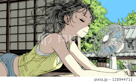 暑い夏の昼下がり、扇風機にあたって涼んでいる若い女性