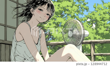 暑い夏の昼下がり、扇風機にあたって涼んでいる若い女性