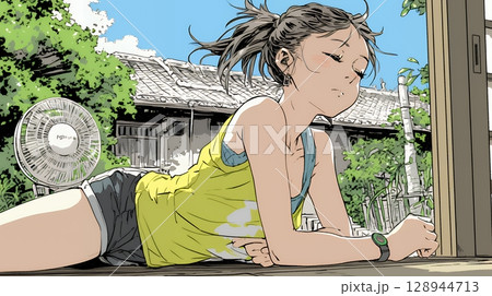 暑い夏の昼下がり、扇風機にあたって涼んでいる若い女性