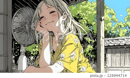 暑い夏の昼下がり、扇風機にあたって涼んでいる若い女性