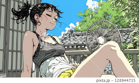 暑い夏の昼下がり、扇風機にあたって涼んでいる若い女性