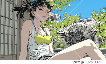 暑い夏の昼下がり、扇風機にあたって涼んでいる若い女性