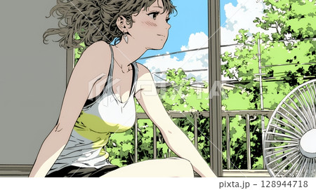 暑い夏の昼下がり、扇風機にあたって涼んでいる若い女性