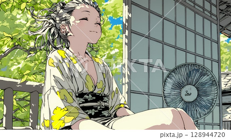 暑い夏の昼下がり、扇風機にあたって涼んでいる若い女性