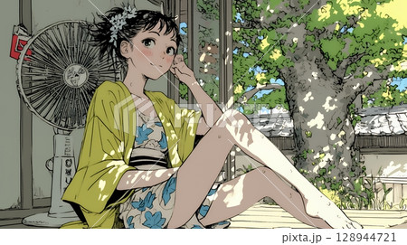 暑い夏の昼下がり、扇風機にあたって涼んでいる若い女性