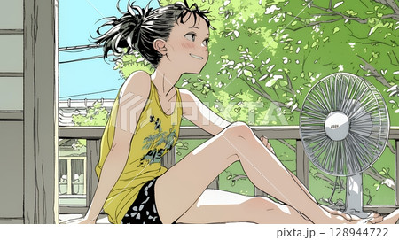 暑い夏の昼下がり、扇風機にあたって涼んでいる若い女性