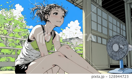 暑い夏の昼下がり、扇風機にあたって涼んでいる若い女性