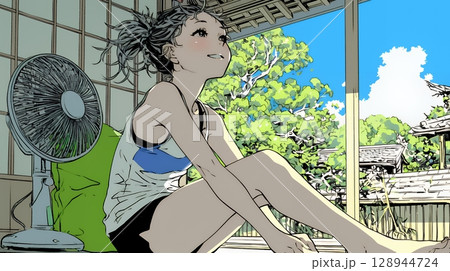 暑い夏の昼下がり、扇風機にあたって涼んでいる若い女性
