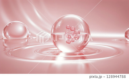 コラーゲン分子の球体と波紋 – 明るいピンク色のスキンケア美容液 コラーゲン分子の球体と波紋 – 明るいピンク色のスキンケア美容液 128944788