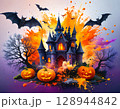 ジャックオランタンと魔城のハロウィンアート背景 128944842
