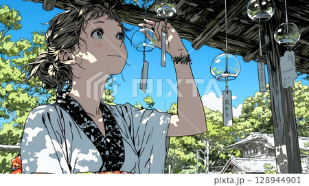 風鈴の音色を聞いている若い女性 128944901