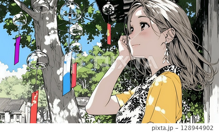 風鈴の音色を聞いている若い女性