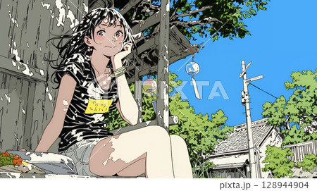 風鈴の音色を聞いている若い女性