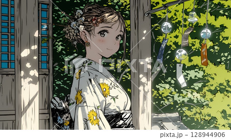 風鈴の音色を聞いている若い女性