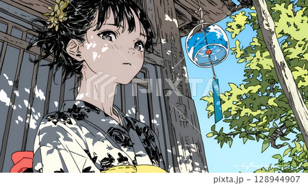 風鈴の音色を聞いている若い女性