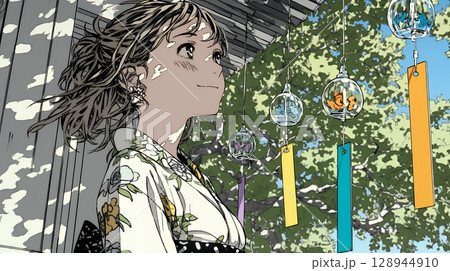 風鈴の音色を聞いている若い女性