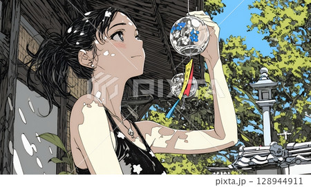風鈴の音色を聞いている若い女性