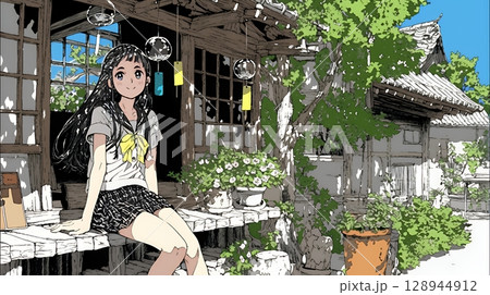 風鈴の音色を聞いている若い女性